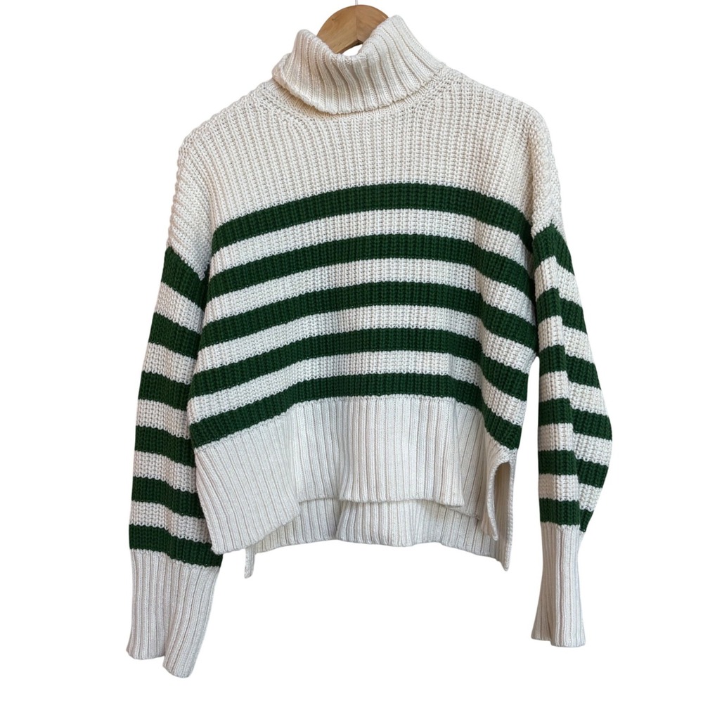 Madewell Womens Striped Turtleneck Sweater Cream Green Ribbed Knit Pullover S